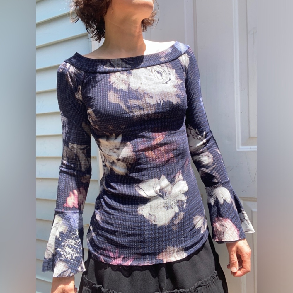 Fuzzi Navy grey Floral Off-Shoulder Bell Sleeve Top blouse mesh
